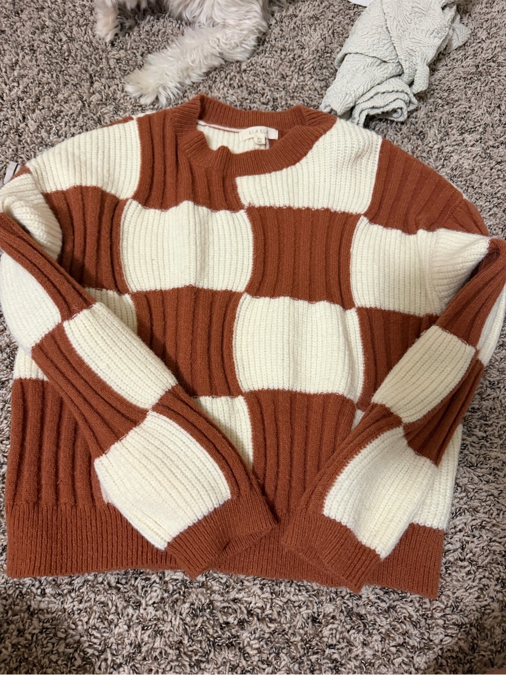 Checkerboard Ribbed Crewneck Sweater - Rust & Cream